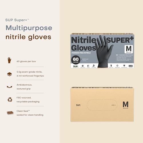 SUPER+ Black Nitrile Gloves HEAVY DUTY 6 Mil Disposable Chemical Resistant Powder & Latex Free Medical Food Safe, 60/600 Ct