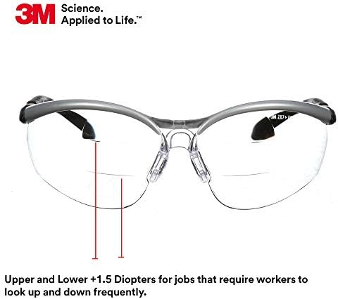 3M Safety Glasses, BX Dual Readers, +1.5, Clear Lens, Silver/Black Frame