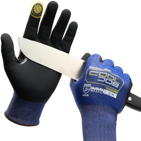 COOLJOB A5 Fiberglass Free Cut Resistant Gloves for Men, Touchscreen, Grip Nitrile Coated, No PFAS, Non Slip, Soft & Durable