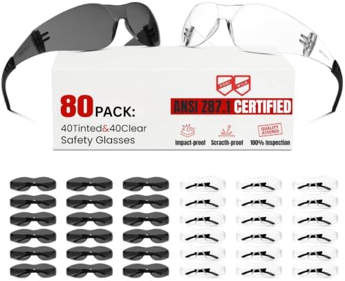 ANSI Z87.1 Safety Glasses Men Women 80 pack(40pack clear safety glasses+40pack safety sunglasses) Scratch & Impact Resistant eye protection glasses for Construction, Outdoor Sports & Work