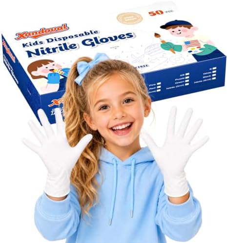 Kids Disposable Gloves, 5-Mil Safe White Nitrile, Small, 50Ct