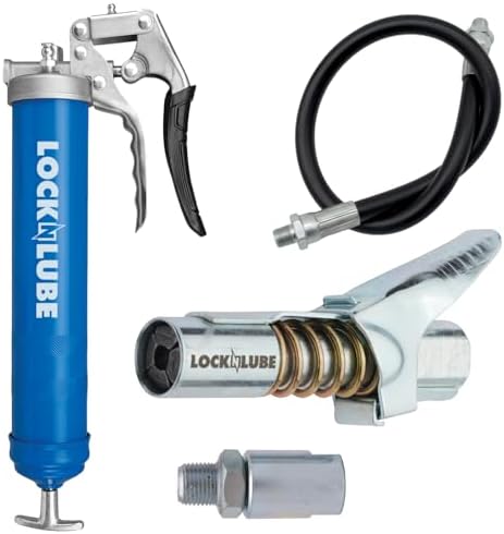 LockNLube Heavy-Duty Pistol Grip Grease Gun (Blue). Includes our patented LockNLube® Grease Coupler (Locks On, Stays On, Won't Leak!) plus a high-quality 20" hose and in-line hose swivel