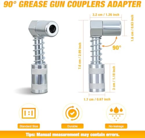 GOOACC 90 Degree Grease Gun Coupler Adapter, Sturdy Steel Grease Coupler Fittings Compatible with SAE Metric Zerk Fittings Grease Gun Lubrication Tool for Tight Space Auto Ship Machinery Truck Farm