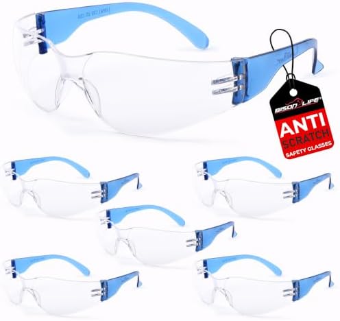 BISON LIFE Clear/Blue Safety Glasses for Men & Women, ANSI Z87.1, 6 Pack