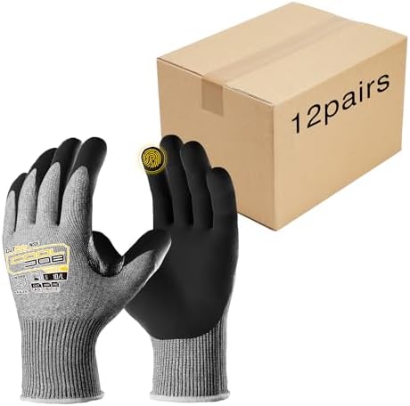 COOLJOB ANSI A5 Cut Resistant Gloves 12 Pairs, Nitrile Rubber Dipped Safety Work Gloves for Men, Knife Proof with Grip Coating for Construction Warehouse Glass Wood Work, Grey Medium
