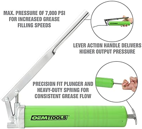 OEMTOOLS 87201 Lever Action Grease Gun, Manual Grease Gun, Auto Grease Gun, High Pressure Grease Gun, Grease Gun Coupler, 6 Inch Grease Gun Syringe