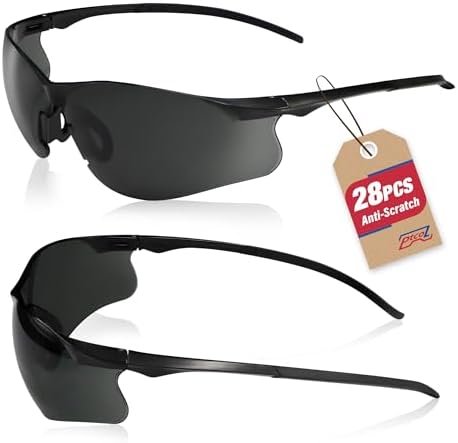 Safety Glasses 28 Pack Smoke Tinted: ANSI Z87.1 Certified Anti-Scratch Polycarbonate Lens UV Protection for Construction & Cycling, Woodworking & Lab Lightweight Sofety Nose Pad Unisex