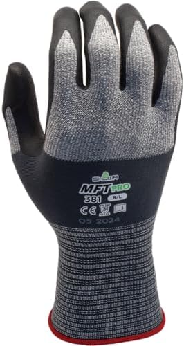 SHOWA MFT Pro 381 Microfiber Work Gloves with Oil-Resistant Foam Nitrile Palm Coating, Latex-Free, Mechanics Glove, Black, Small, 12-Pack