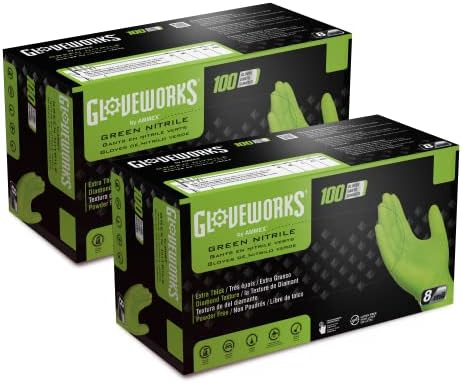 GLOVEWORKS Green Nitrile Gloves 8 Mil Heavy Duty Texture XL, 200