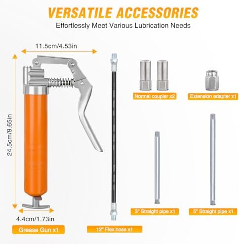GOOACC Mini Grease Gun 6000 PSI 4oz Grease Gun Kit with 12" Flex Hose Extension Adapter Normal Coupler Rigid Pipe Small Pistol Grip Grease Guns for Automotive Farm Industrial Marine Equipment, Orange