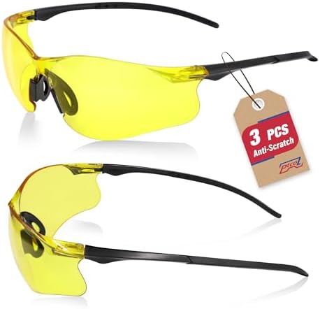 Safety Glasses 3 Pack Amber Tinted: ANSI Z87.1 Certified Anti-Scratch Polycarbonate Lens UV Protection for Construction & Cycling, Woodworking & Lab Lightweight Sofety Nose Pad Unisex