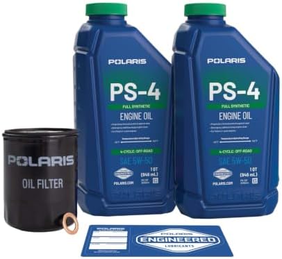 Polaris PS4 Oil Change Kit for Specific RANGER, RZR, SPORTSMAN, ACE 570 Models With 4 Stroke Engine, Includes 2 Quarts of PS-4 5W-50 Full Synthetic Oil, 1 Oil Filter, Genuine OEM - Part 2202166