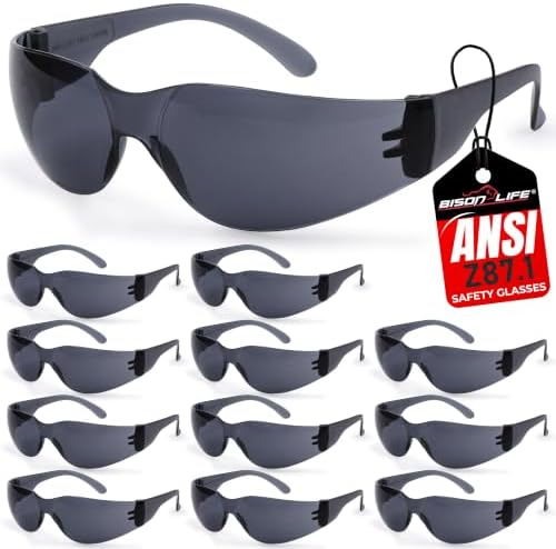BISON LIFE Black Safety Glasses for Men & Women, Bulk, ANSI Z87.1, 12 Pack