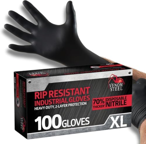 Venom Steel - VEN6144N Nitrile Gloves,Rip Resistant Disposable Latex Free Black Gloves,2 Layer-Gloves,6 mil Thick,X-Large,(Pack of 1000)