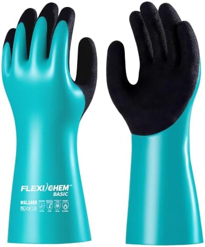 JDL Heavy-Duty Nitrile Chemical Gloves with Nylon Lining, Black Sandy Finish, Reusable Rubber Work Gloves, Acid/Alkali/Oil Protection, Non-Slip, Medium