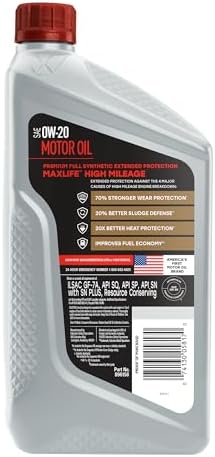 Valvoline MaxLife Extended Protection High Mileage 0W-20 Full Synthetic Motor Oil 1 Quart
