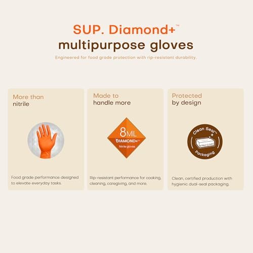 SUPER+ HEAVY DUTY Nitrile Gloves 8 Mil Diamond Texture Disposable Chemical Resistant Powder &Latex Free Food Safe Orange 50Ct