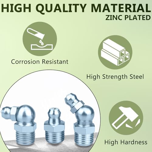 525PCS Grease Fittings Assortment, SAE & Metric Zerk Grease Fitting Straight 45 90 Degree (1/4"-28,1/8"-27,M6,M8,M10) with Plastic Caps in Portable Box, Includes 7-11mm Wrenchs for Grease Gun