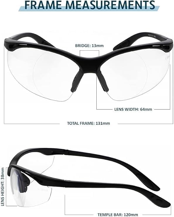 Full Lens Magnifying Safety Reading Glasses, Black Frame, Clear Lens