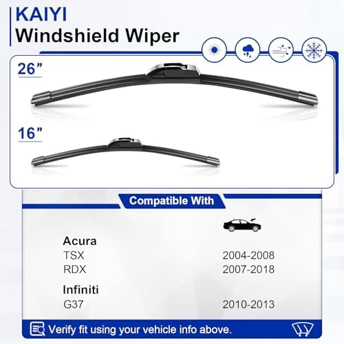 KAIYI 26" + 16" Windshield Wipers Compatible with Acura TSX 2004-2008,RDX 2007-2018,Infiniti G37 2010-2013 Premium Automotive Replacement Windshield Wiper Blades 2 Pack
