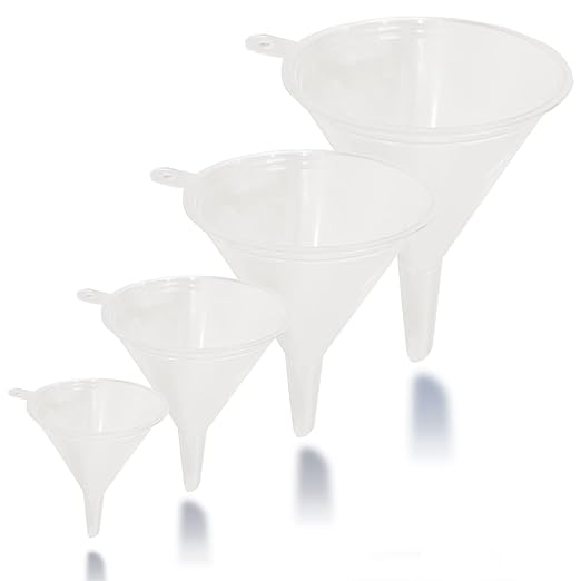 Funnel Set (4 Sizes: 122, 101, 76, 50mm) - Durable, Non-Toxic, Food-Grade Plastic funnels for Filling Bottles and containers. Ideal for Kitchen, Garage, or Labs. Perfect for Precise Pouring.