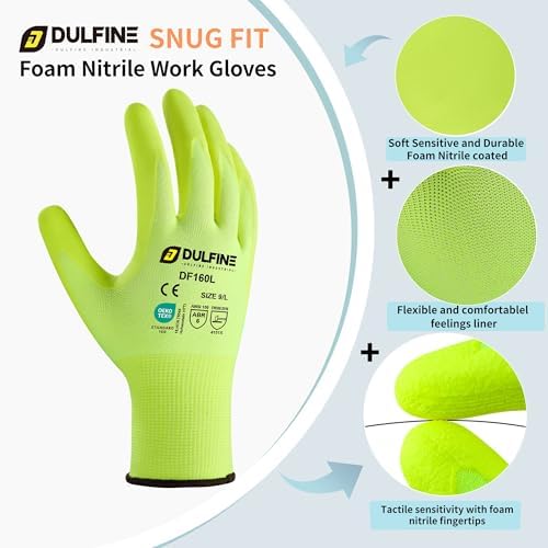 DULFINE MicroFoam Nitrile Coated 12 Pairs Work Gloves for Men Yellow XL