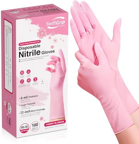 SwiftGrip Disposable Nitrile Dishwashing Gloves, Extended 12 Inches Cuff, 6-mil, Cherry Blossom Cleaning Gloves, Latex-Free