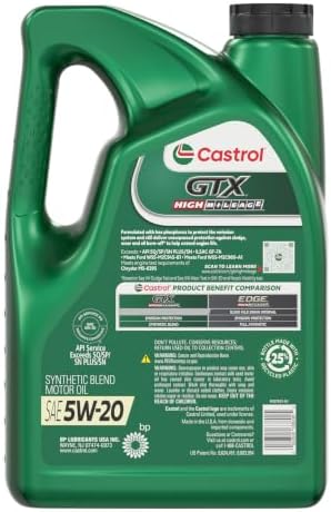 Castrol GTX High Mileage 5W-20 Synthetic Blend Motor Oil, 5 Qt, Pack of 3