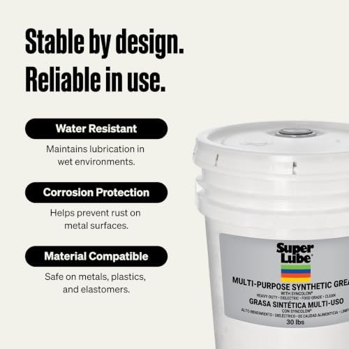 Super Lube Multi-Purpose Synthetic Grease w/Syncolon - Water Resistant Grease - Food Grade - Long-Lasting Electric or Mechanical Lubricant - Translucent White - Pail - 30 lb (41030)