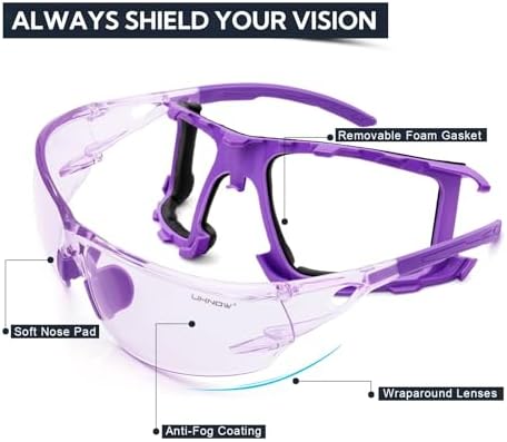 UKNOW Safety Glasses - Anti Fog Wraparound Lenses - Removable Foam Gasket - ANSI Z87.1 Protective Eyewear - Impact Resistant