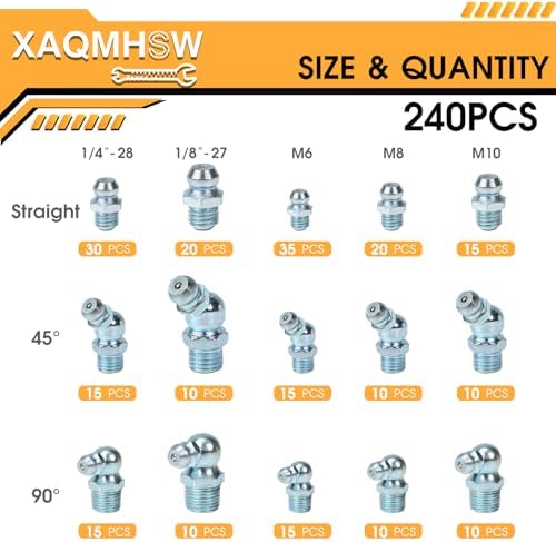 240-Piece Zerk Grease Fittings, SAE & Metric Grease Nipple Assortment