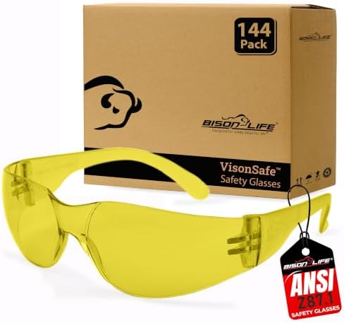 BISON LIFE Yellow Safety Glasses for Men & Women, Bulk ANSI Z87.1, 144 Pack
