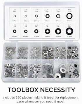 NEIKO 50400A Stainless Steel Lock and Flat Washer Assortment | 350 Piece Set | 12 Different Sizes in Spring Lock and Flat Design | Prevent Loose Fasteners