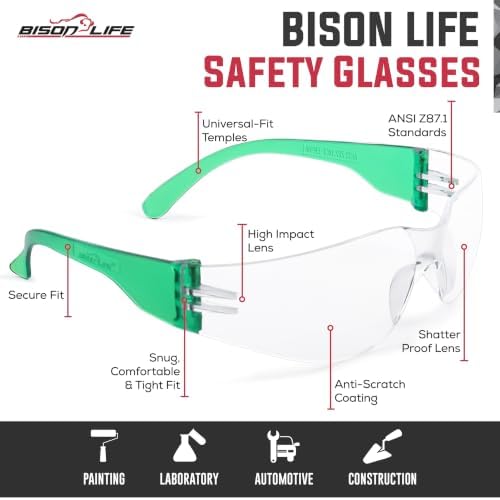 BISON LIFE Clear/Green Safety Glasses for Men & Women, ANSI Z87.1, 6 Pack