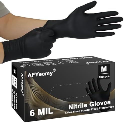 Disposable Nitrile Gloves, Chemical Resistant, Powder and Latex Free, Food Safe, Black Heavy Duty Gloves, 6 Mil, 100 Count, Medium