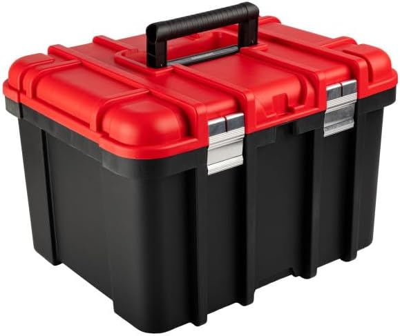 Plastic Tool Box Organizer - 18.7” Extra Large Portable Toolbox with Removable Tool Organizer Tray and Deep Storage Box - Heavy Duty Plastic Toolbox Caddy Tote with Handle by Stalwart (Red)