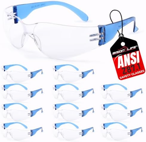 BISON LIFE Clear/Blue Safety Glasses for Men & Women, ANSI Z87.1, 12 Pack
