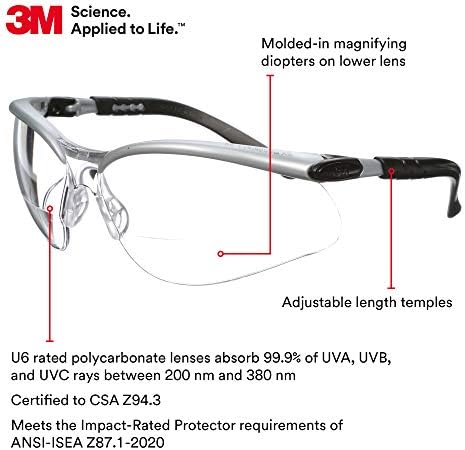 3M Safety Glasses, BX Readers, +1.5, Anti-Fog Clear Lens, Silver Frame