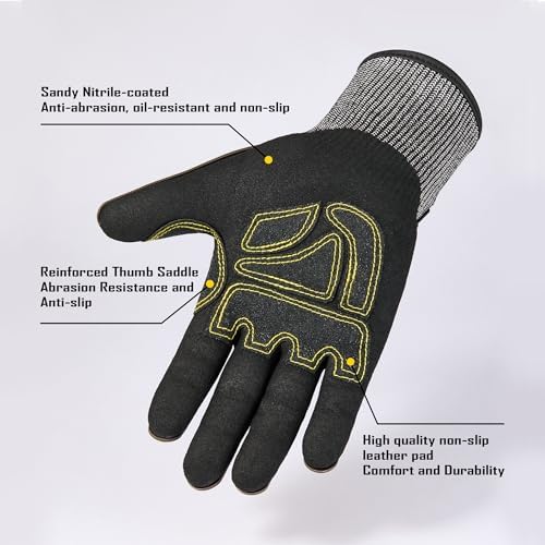 COOLJOB A7 Cut Resistant Work Gloves with TPR, Nitrile Coated Anti-Slip Impact Gloves, Touchscreen Heavy Duty Safety Mittens