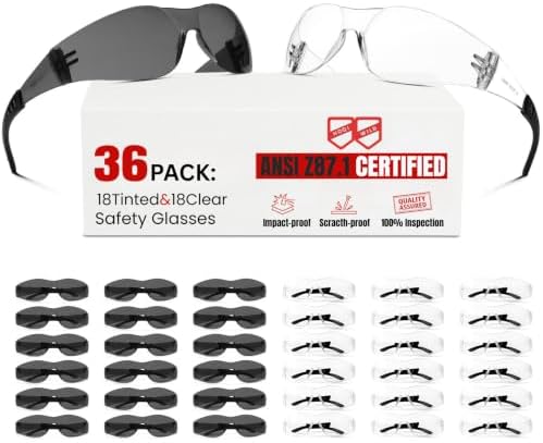 ANSI Z87.1 Safety Glasses Men Women 36 pack(18pack clear safety glasses+18pack safety sunglasses) Scratch & Impact Resistant eye protection glasses for Construction, Outdoor Sports & Work