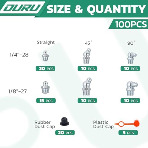 OURU 100PCS Grease Fittings Assortment Kit, SAE with Caps & Wrench Kit