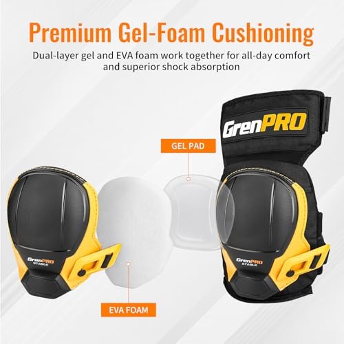 GRENPRO Heavy Duty Knee Pads for Men, Gel Foam, TPR Shell, Construction
