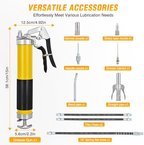 GOOACC Grease Gun Heavy Duty Pistol Grip Grease Gun Kit with Quick Release Coupler 18" Spring Flex Hose Needle Nozzle Rigid Pipe, 8000PSI 14oz Grease Guns Tool for Automotive Farm Industrial Equipment