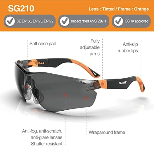 DEX FIT Safety Glasses SG210 Series - Anti-Fog & Scratch Resistant Z87.1 Certified, Adjustable Temples