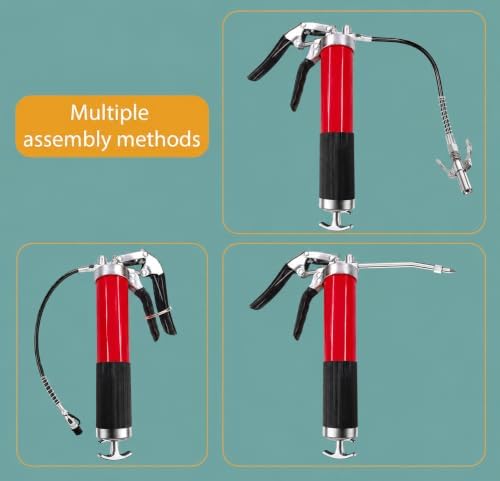 Grease Gun Kit with Quick Release Coupler,Professional 9000 PSI 14oz Heavy Duty. Leak-Proof Greese Gun with 1 Spring Flex Hose,2 Hose,1 Sharp Nozzle,1 Lock Coupler,1 Rigid Pipe