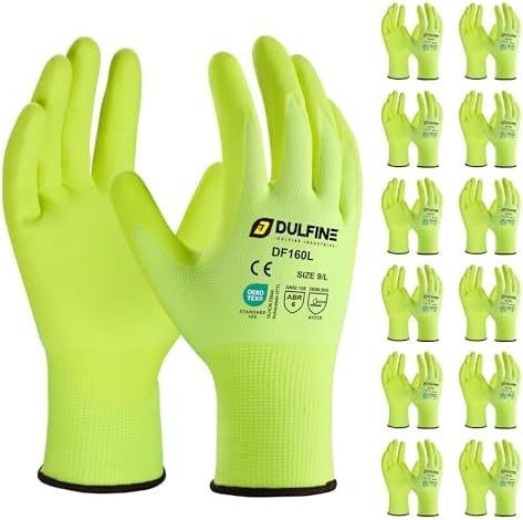 DULFINE MicroFoam Nitrile Coated 12 Pairs Work Gloves for Men Yellow L