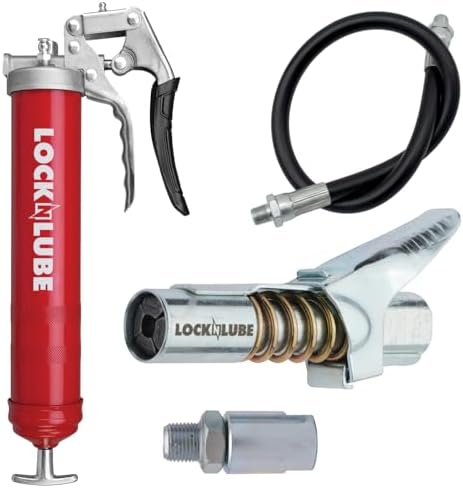 LockNLube Heavy-Duty Pistol Grip Grease Gun - Commercial/Residential - 20" Hose, Swivel, Coupler