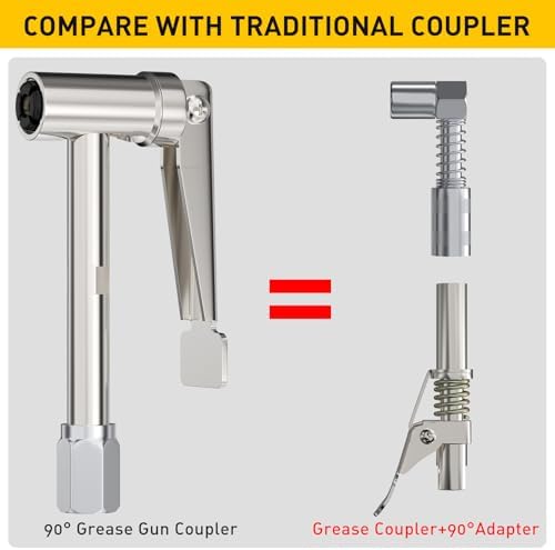 Right Angle Degree Grease Gun Coupler Set, Strong Lock on Greases Gun Tips with 360°Grease Gun Hose Swivel,12000PSI Quick Release Grease Coupler Fit with All 1/8" NPT Grease Gun Fitting
