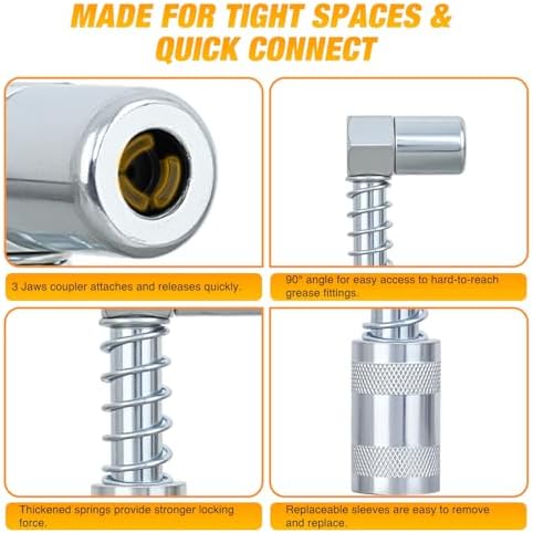 GOOACC 90 Degree Grease Gun Coupler and Straight Grease Gun Tips Fittings, Sturdy Steel Right Angle Grease Zerk Adapter for Tight Spaces Mini Small Grease Guns Lubrication Tool for Auto Ship Machinery