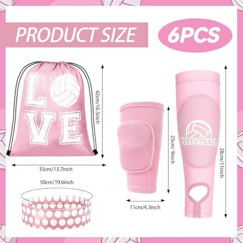 6 Pcs Volleyball Knee Pad and Arm Sleeve Volleyball Accessories Drawstring Bag Softball Headbands Volleyball Protection Equipment Gifts for Women Teens Training